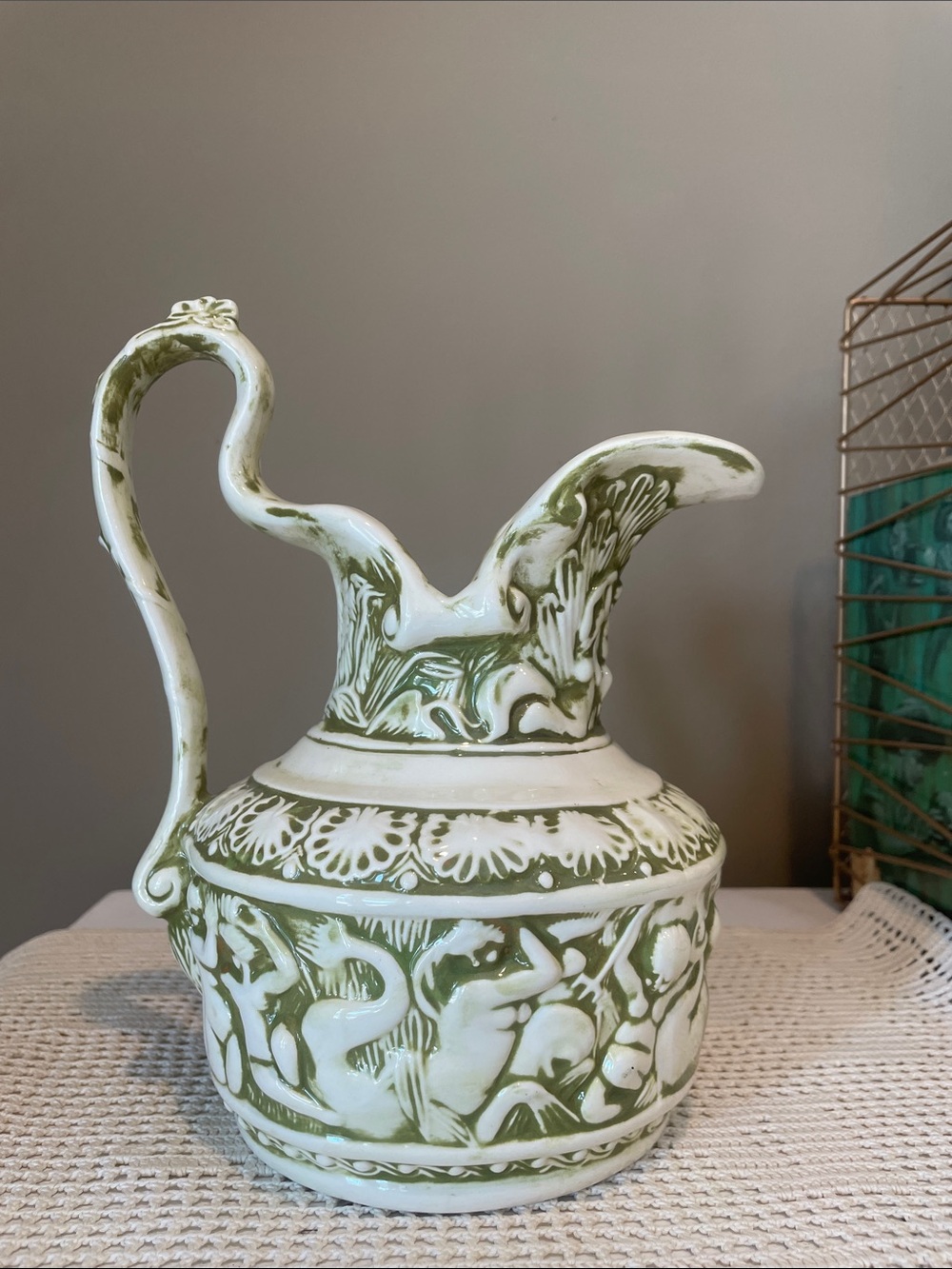 Olive Green and White Decorative Ceramic Pitcher - from 60’s & 70’s - Greek